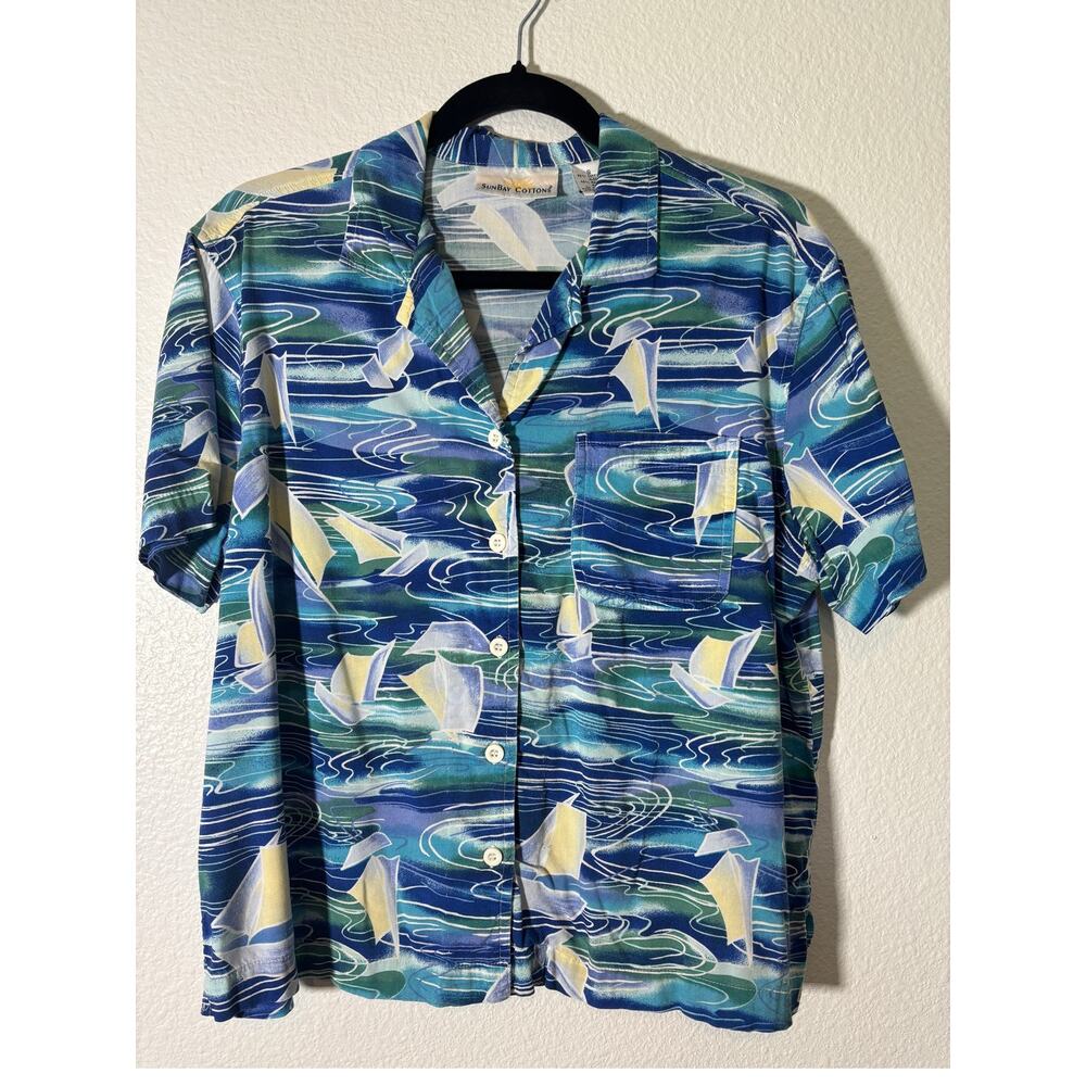 Vintage SunBay Cottons Women's Size S Sailboat Print Button-Up Vacation Top